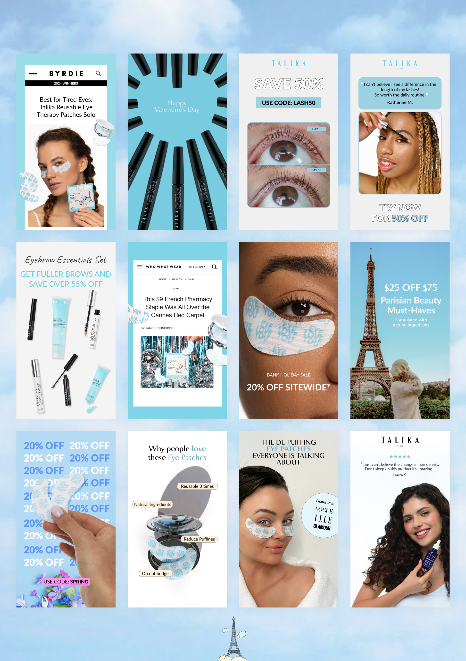 Talika paid ad creative — press features, offers and lifestyle imagery